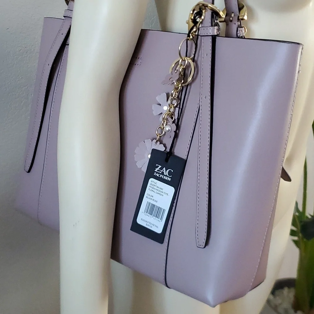 NWT Zac Posen Medium Tote Bag Floral applique key chain charms Leather Suede Hot - Picture 8 of 9